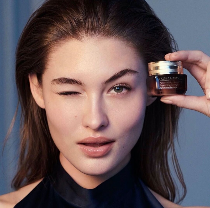 Model Grace Elizabeth in promotional shot for Estee Lauder Advanced Night Repair Eye cream