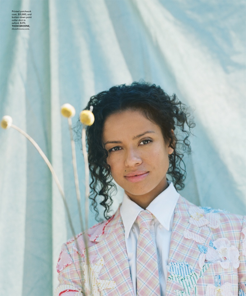 Photographed by Guy Lowndes, Gugu Mbatha-Raw poses in pastels