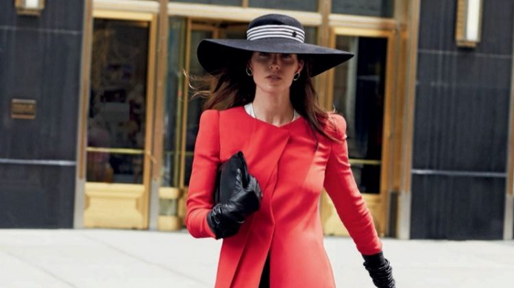 Hilary Rhoda Dresses in All-Red Fashions for ELLE Italy