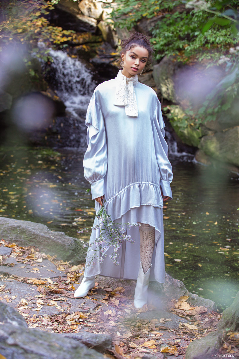 Kelsey Randal Lace Shirt, Earrings Vintage (stylist's own), ADEAM Ruched Parachute Dress, HUE Lace Socks and Laurence Dacade Vanessa Boots. Photo: Della Bass