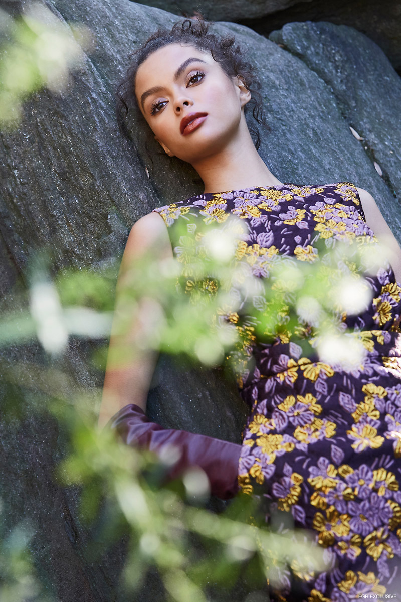 Aspesi Lurex Jacquard Top and Cloque Jacquard Longuette Skirt; Wing & Weft Gloves Opera Length Purple Leather Gloves. Photo: Della Bass