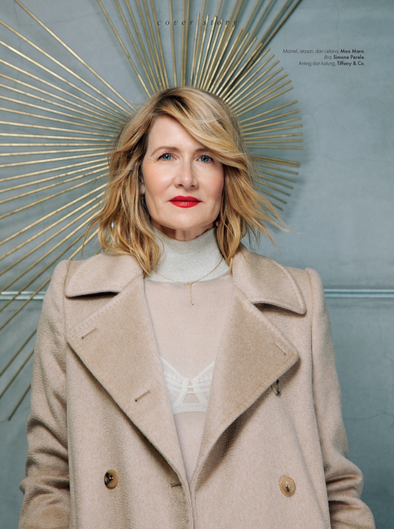 Photographed by Thom Kerr, Laura Dern wears Max Mara coat and sweater with Simone Perele bra