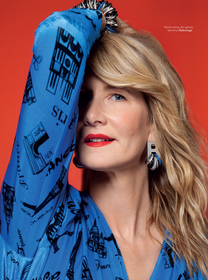 Striking a pose, Laura Dern sports Balenciaga jumpsuit and jewelry