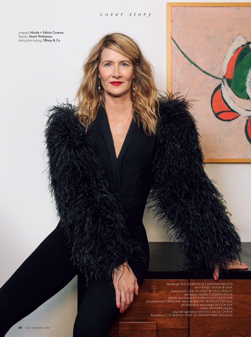 Actress Laura Dern wears Nicole + Felicia Couture jumpsuit