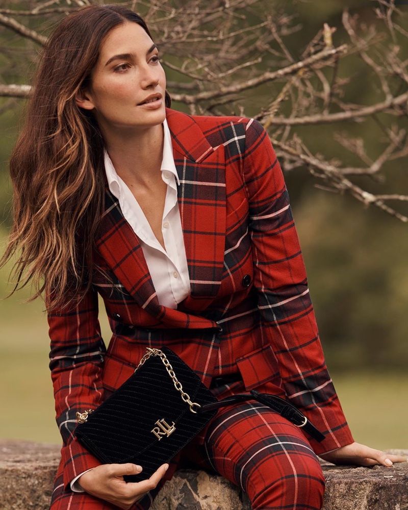 Model Lily Aldridge wears plaid blazer and trousers in Lauren Ralph Lauren Holiday 2019 campaign