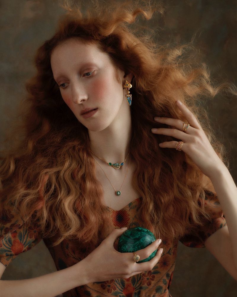 Channeling Renaissance paintings, Lorna Foran fronts Liberty London Christmas 2019 jewelry campaign