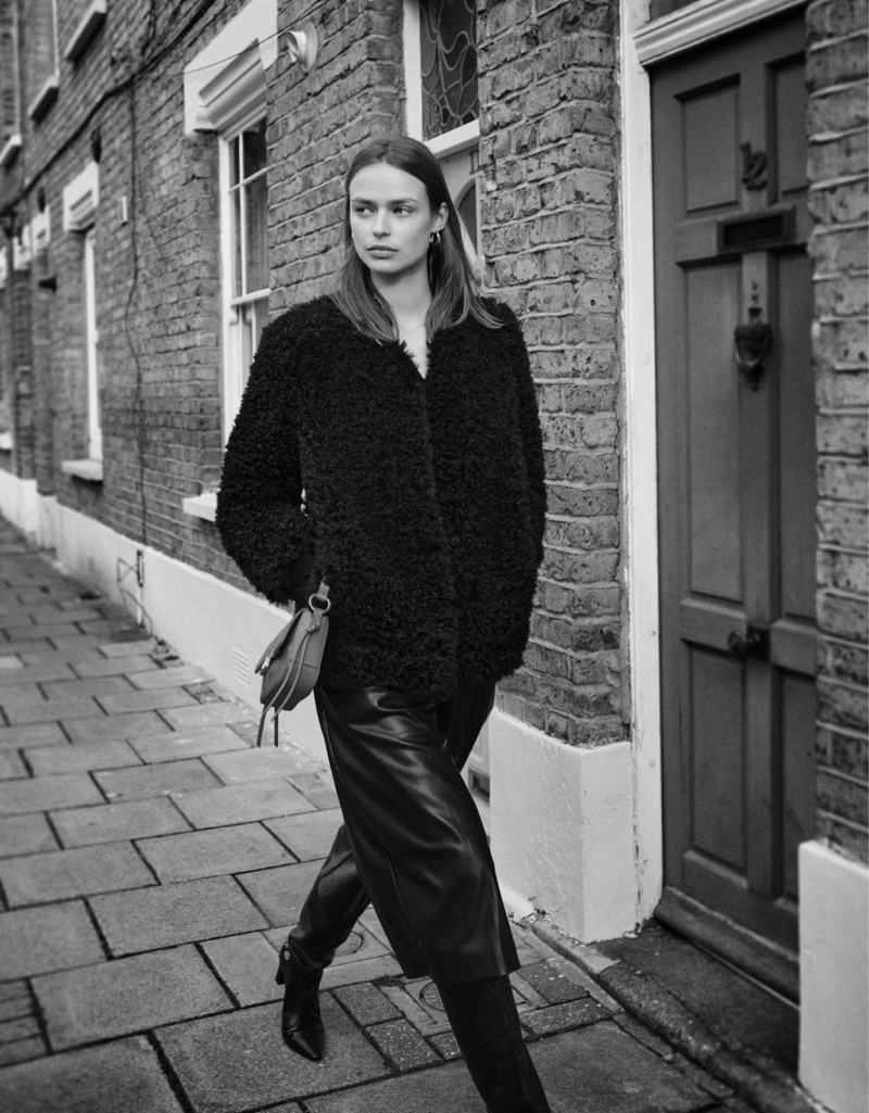 Posing in London, Birgit Kos models Mango's 1970's inspired styles