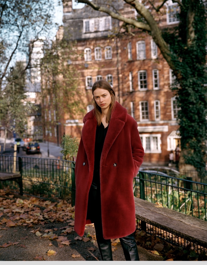 Mango Faux Fur Coat, Blouse and Leather Trousers