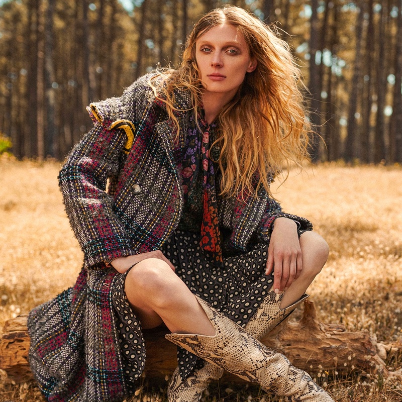 Posing outdoors, Olga Sherer fronts Manila Grace fall-winter 2019 campaign