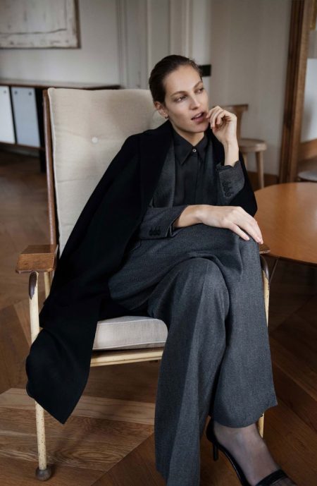Beyond Purpose: Othilia Simon Poses in Massimo Dutti's Chic Winter Looks Massimo Dutti Handmade Navy Blue Wool Coat, Check Wool Blazer, Stretch Fit Plain Cotton Shirt, Straight Fit Check Wool Trousers and Mock Croc Heeled Sandals