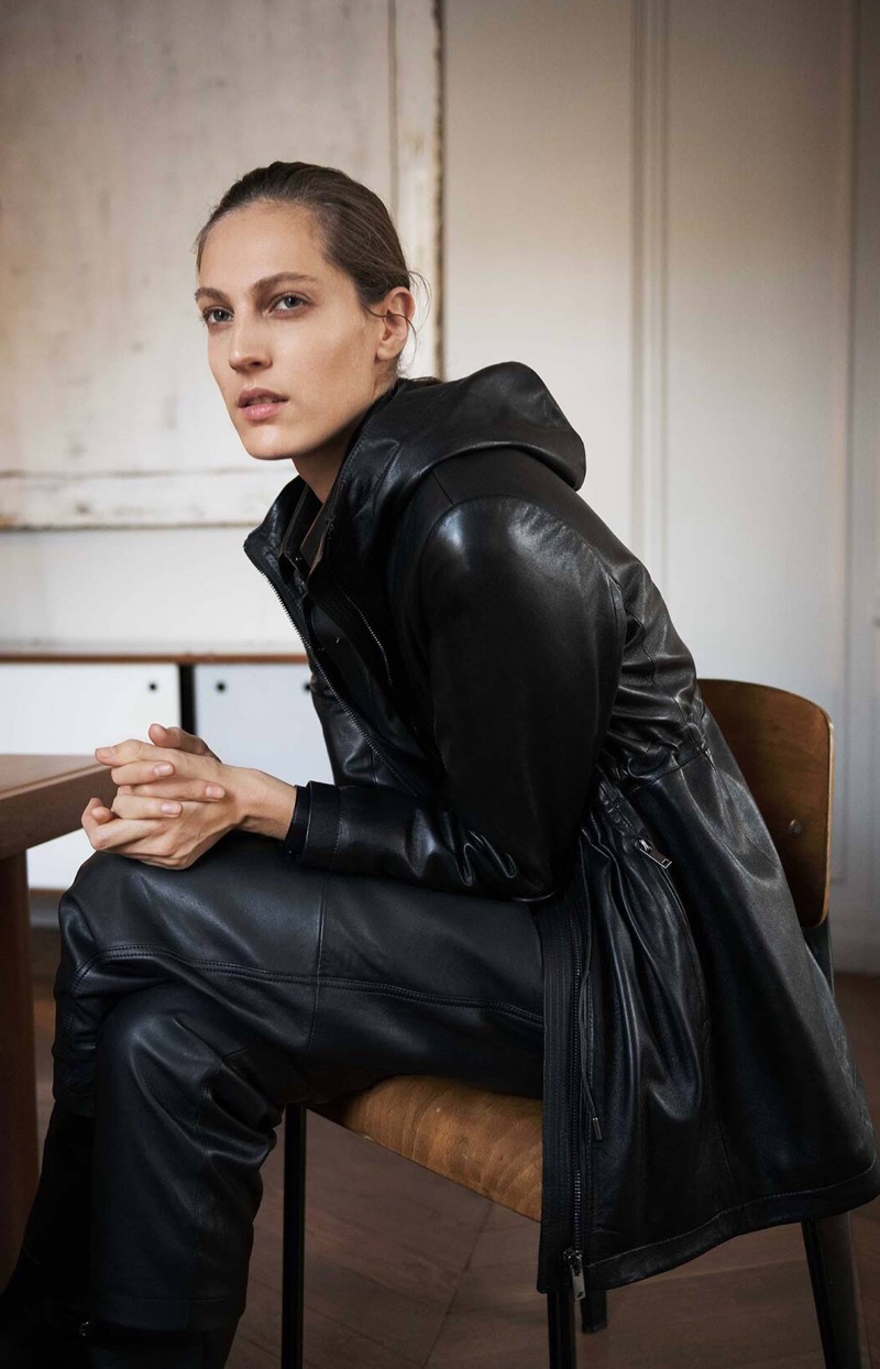 Clad in black, Othilia Simon wears leather styles from Massimo Dutti