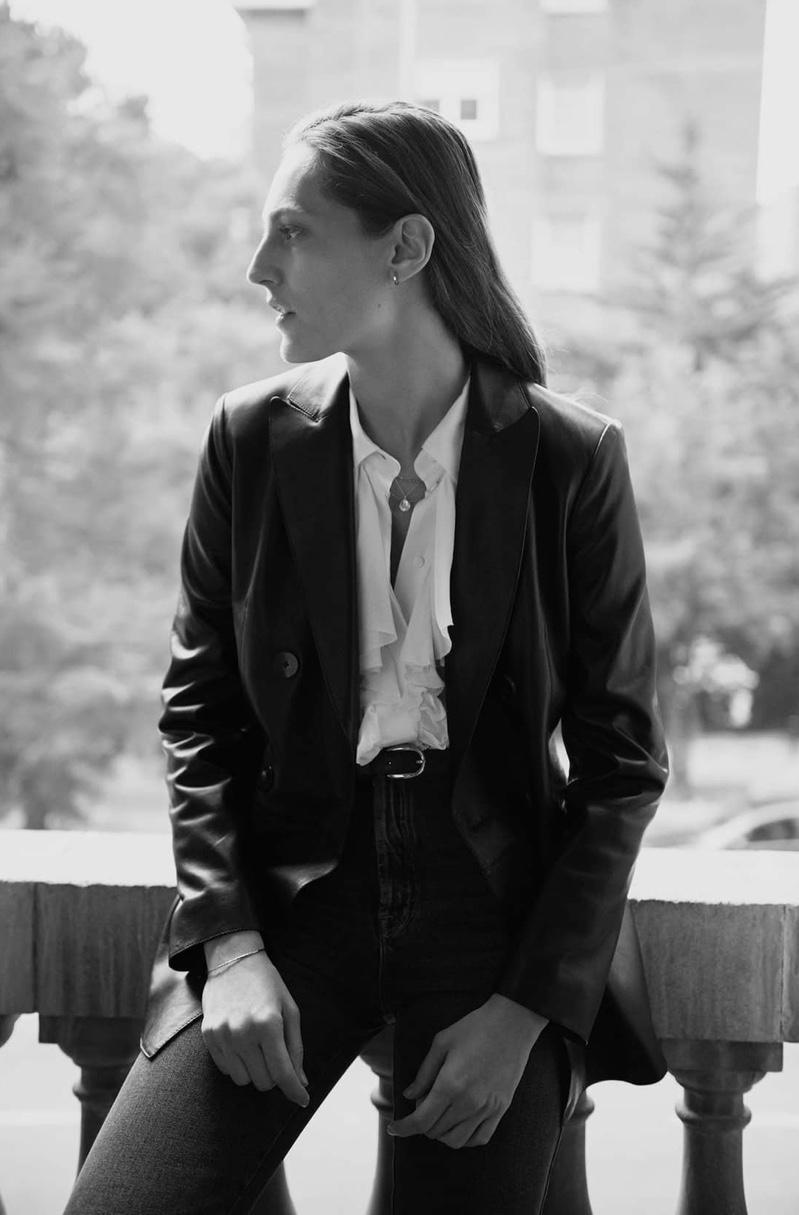 Suiting up, Othilia Simon poses in Massimo Dutti Beyond Purpose December 2019 lookbook