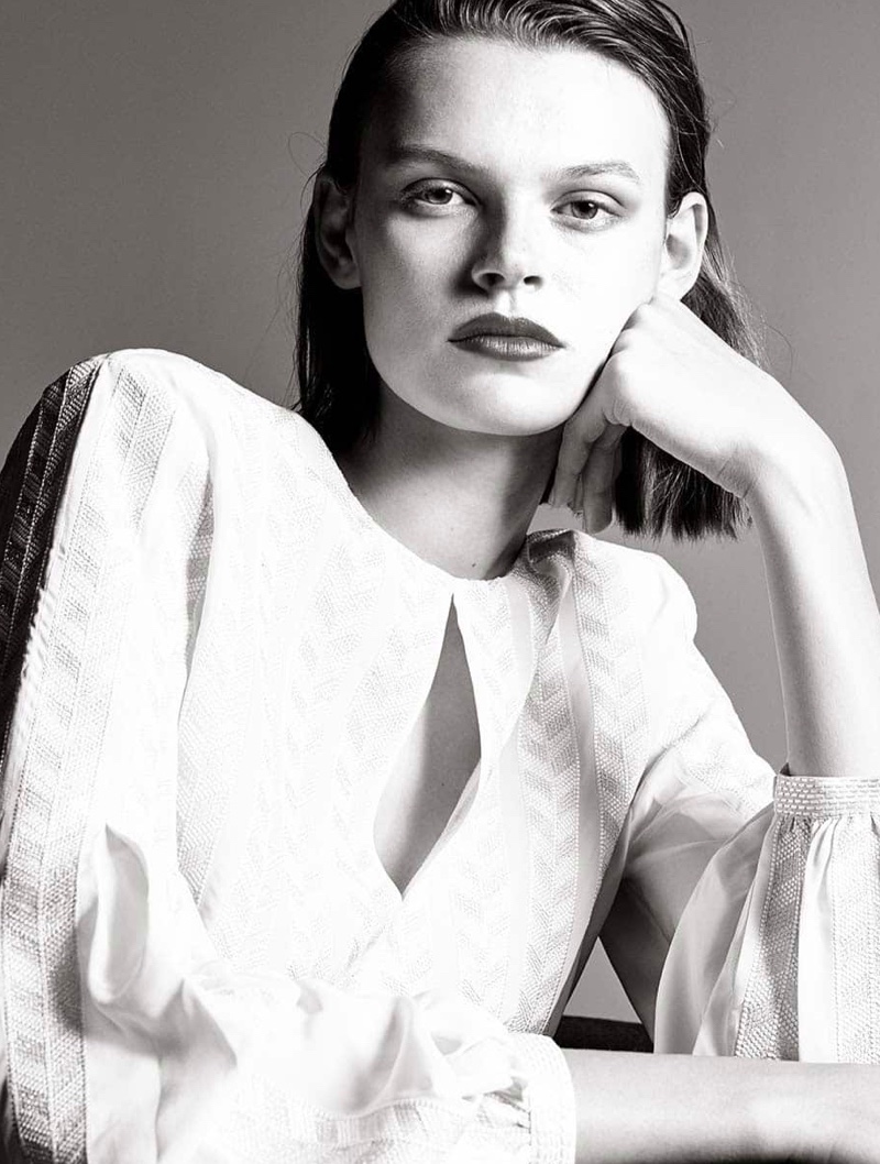 Cara Taylor models Massimo Dutti shirt with embroidered detail