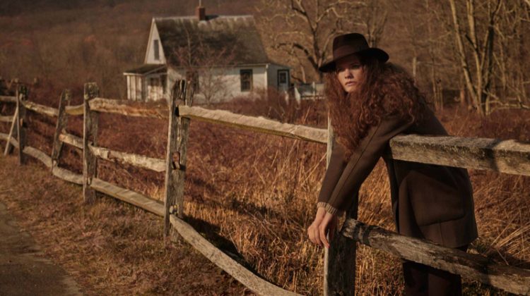 Posing outdoors, Carolina Burgin appears in Massimo Dutti Wild Nature winter 2019 editorial