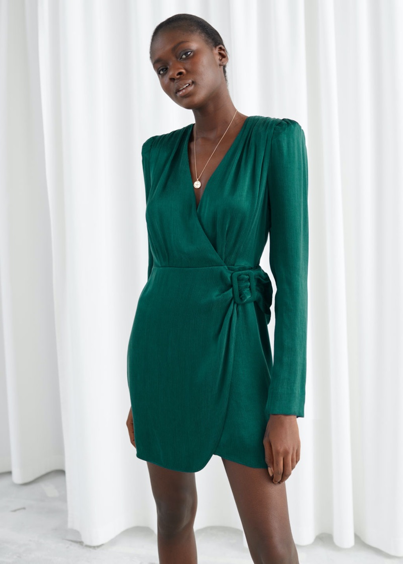 & Other Stories Satin Buckle Tie Mini Wrap Dress in Green $119