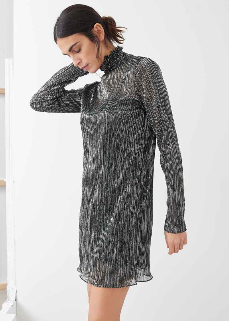 & Other Stories Smocked Turtleneck Mini Glitter Dress $69