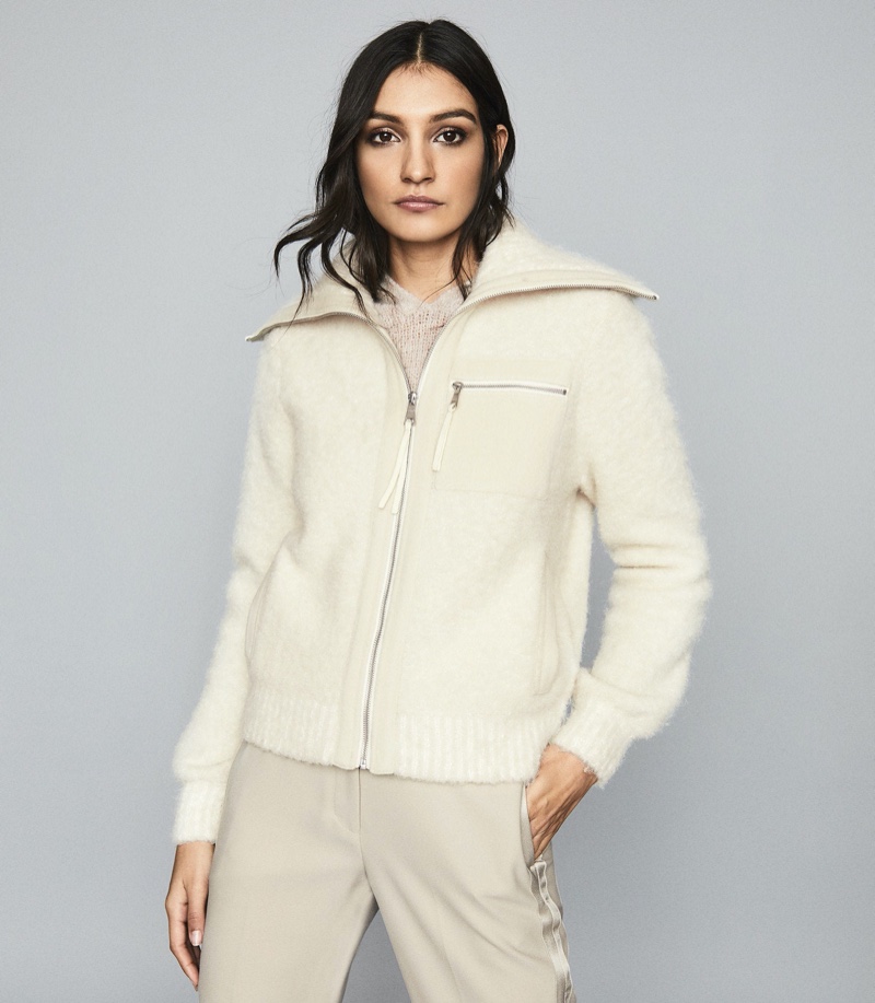 REISS Gina Boucle Zip Through Cardigan $330