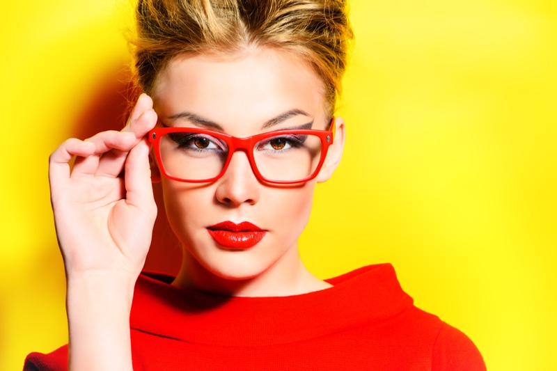 Red Framed Glasses Red Top Lipstick Blonde Model