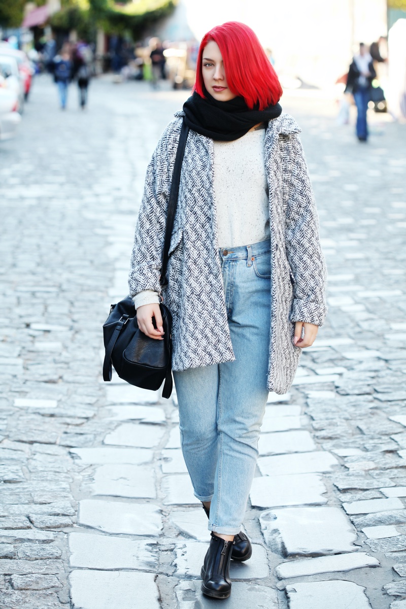 Red Hair Woman Boyfriend Jeans Jacket Scarf Boots