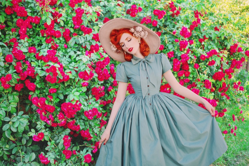 Redhead Model Retro Dress Straw Hat Flower Wall