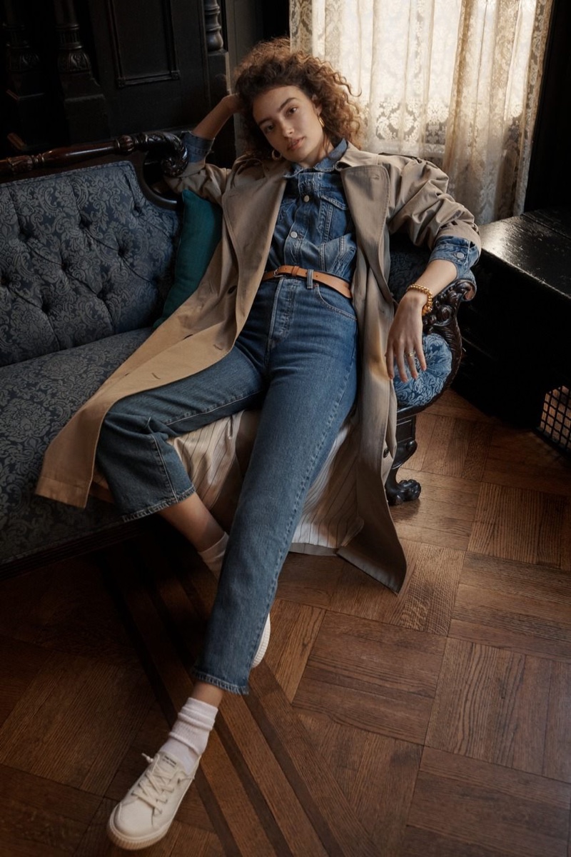 pushBUTTON Back Point Trench Coat $387.50, DL1961 Clyde Classic Jean Jacket $199, Levi’s Ribcage Straight Ankle Jeans $98 and Meg Denim Sneakers $65
