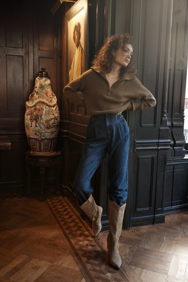 Nili Lotan Beni Cashmere Sweater $995, Closed Bay Pants $310 and Loeffler Randall Dylan Tall Western Boots $595