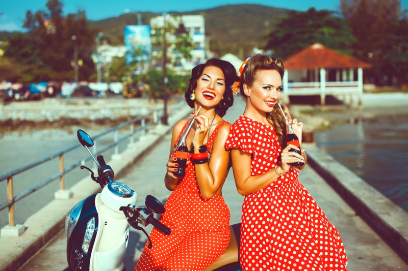 Smiling Models Retro Red Polka Dot Dresses Coke Bottles