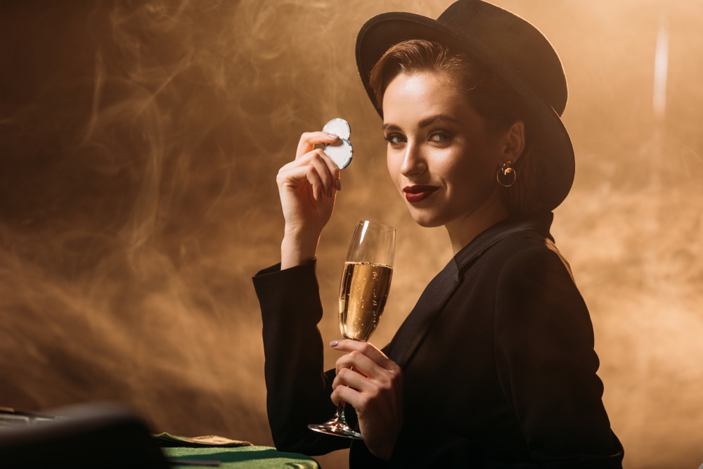 Smiling Woman Jacket Hat Gambling Champagne Glass Chips