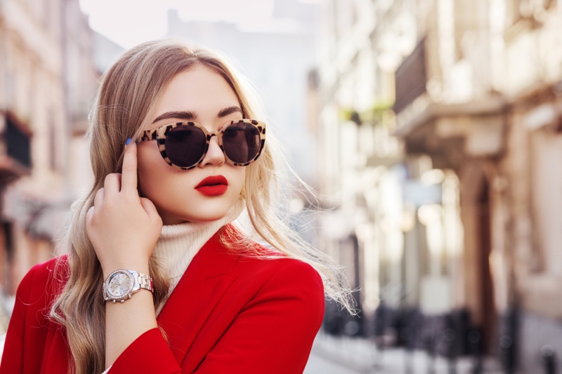 Street Style Blonde Silver Watch Cat Eye Sunglasses Red Blazer