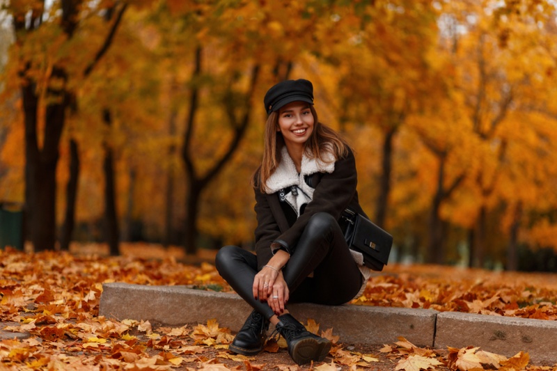 Woman Jacket Leather Pants Boots Cap