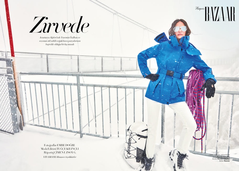 Photographed by Emre Dogru, Yasemin Ozilhan poses in the snow