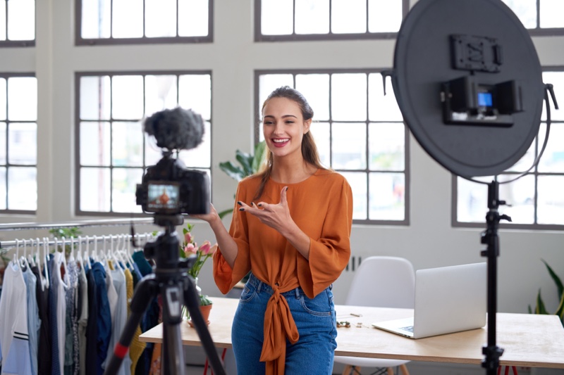 Young Woman Filming Vlog Camera Video