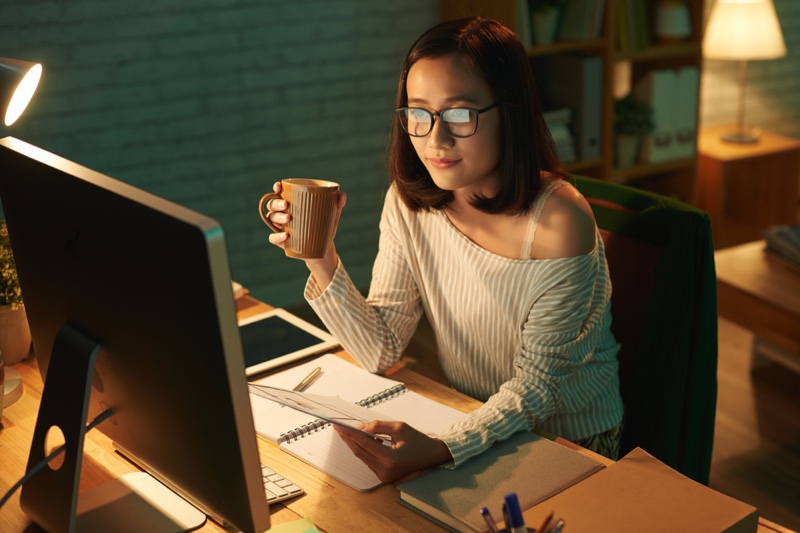 Asian Woman Working Night Computer Cup Glasses