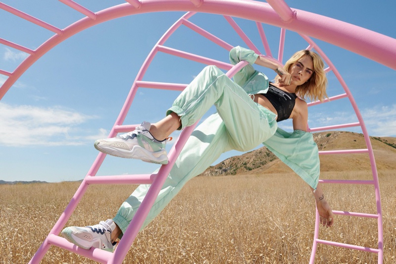 Posing on a jungle gym, Cara Delevingne fronts PUMA Rise sneaker campaign