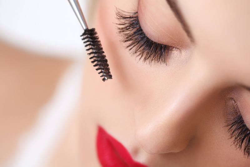 Closeup Woman Applying Mascara Wand Beauty