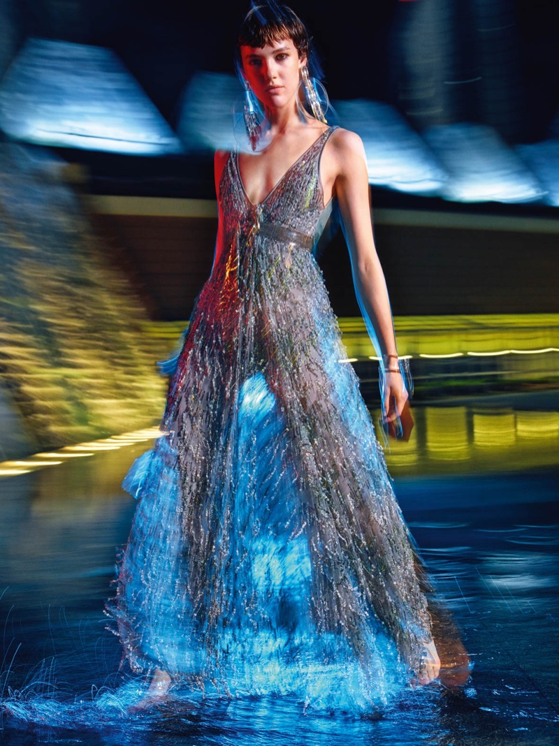 Model Anya Lyagoshina wears a glittery dress in Emporio Armani spring-summer 2020 campaign