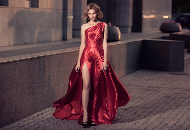 Fashion Model Red Gown Street