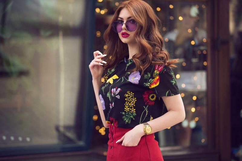 Fashionable Girl Purple Sunglasses Floral Top