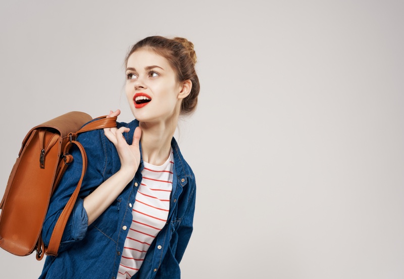 Girl Backpack Denim Jacket Striped Shirt