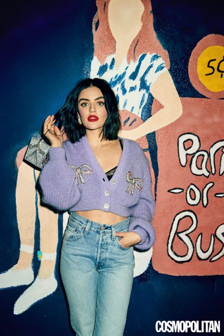 Lucy Hale Poses in Cool Girl Looks for Cosmopolitan Actress Lucy Hale wears Alessandra Rich cardigan, Carine Gilson bralette and Levi’s jeans