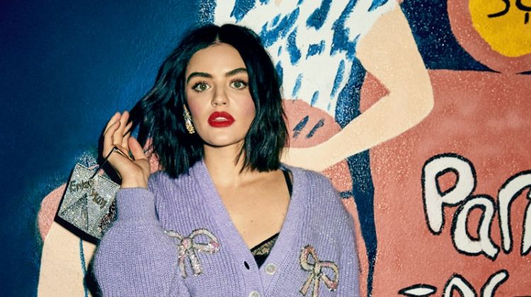 Actress Lucy Hale wears Alessandra Rich cardigan, Carine Gilson bralette and Levi’s jeans
