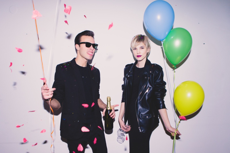 Man Woman Party Black Outfits Balloons