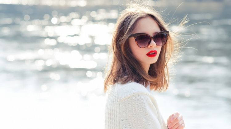 Model Sunglasses Red Lips White Sweater Outdoors Water