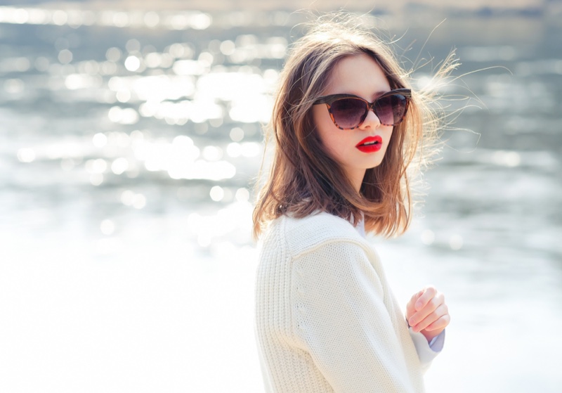 Model Sunglasses Red Lips White Sweater Outdoors Water