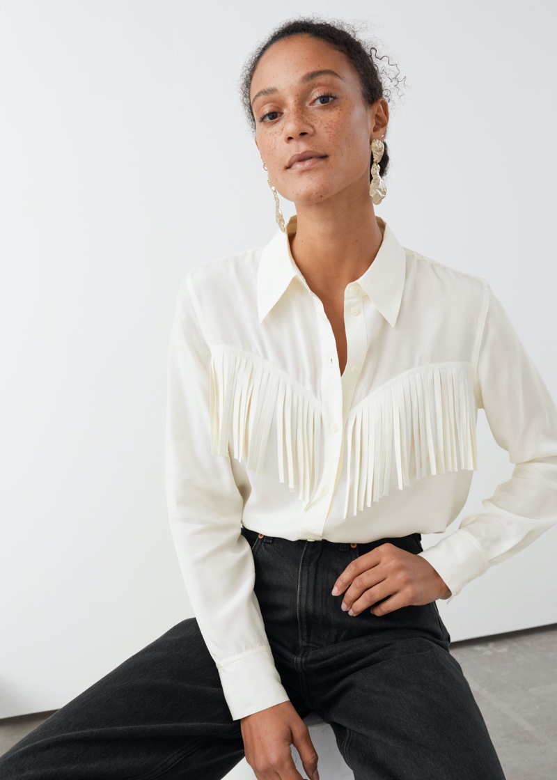 & Other Stories Button Up Fringe Shirt in White $99