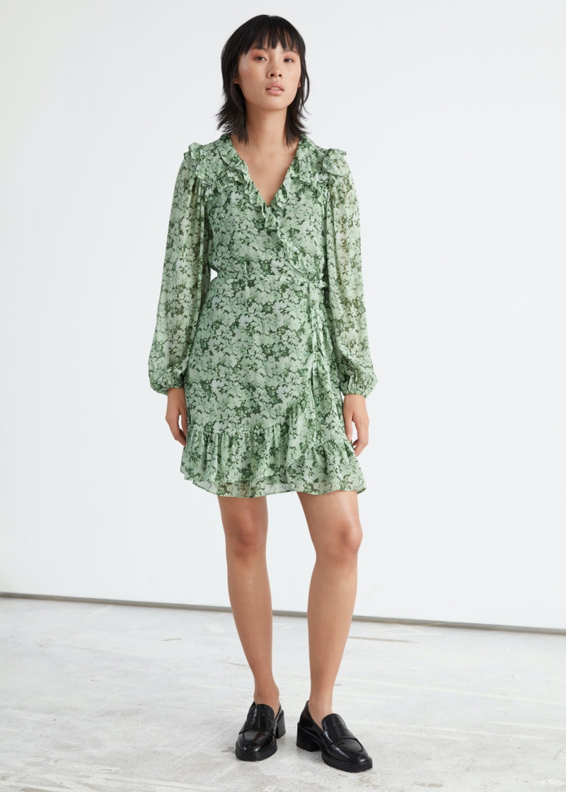 & Other Stories Ruffled Mini Wrap Dress in Green Print $119