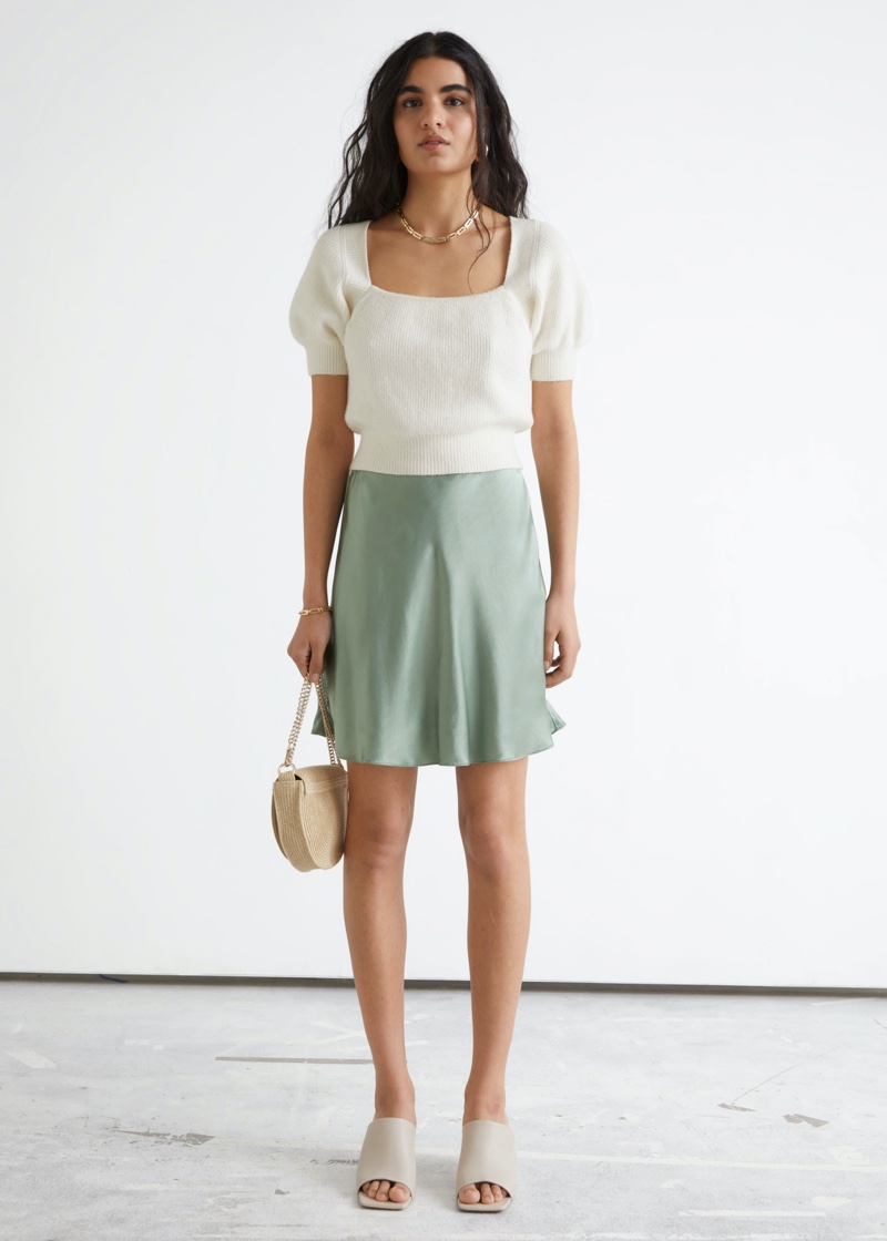 & Other Stories Satin Mini Skirt in Light Green $59