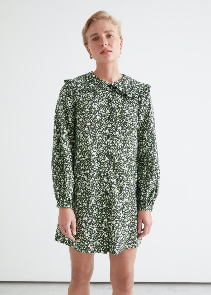 & Other Stories Statement Collar Floral Mini Dress in Green $99