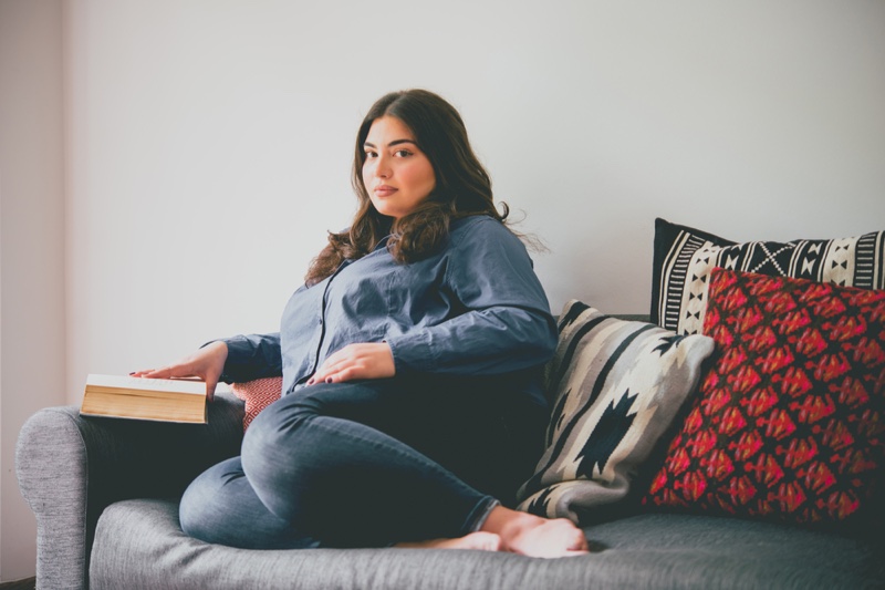 Overweight Woman Denim Couch Book