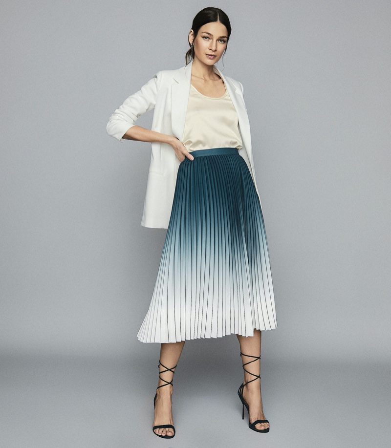 Reiss Mila Ombre Pleated Midi Skirt in Teal $295